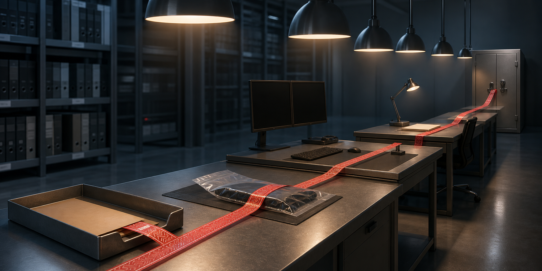 Five illuminated checkpoints in a secure records room are linked by one unbroken evidence ribbon from intake to archive.