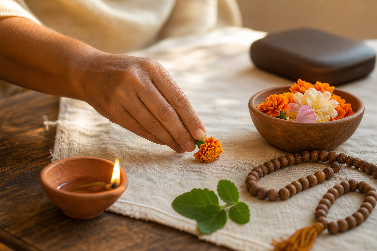 Hands place one flower on a simple altar beside wooden prayer beads, petals, tulsi leaves, and an oil lamp.