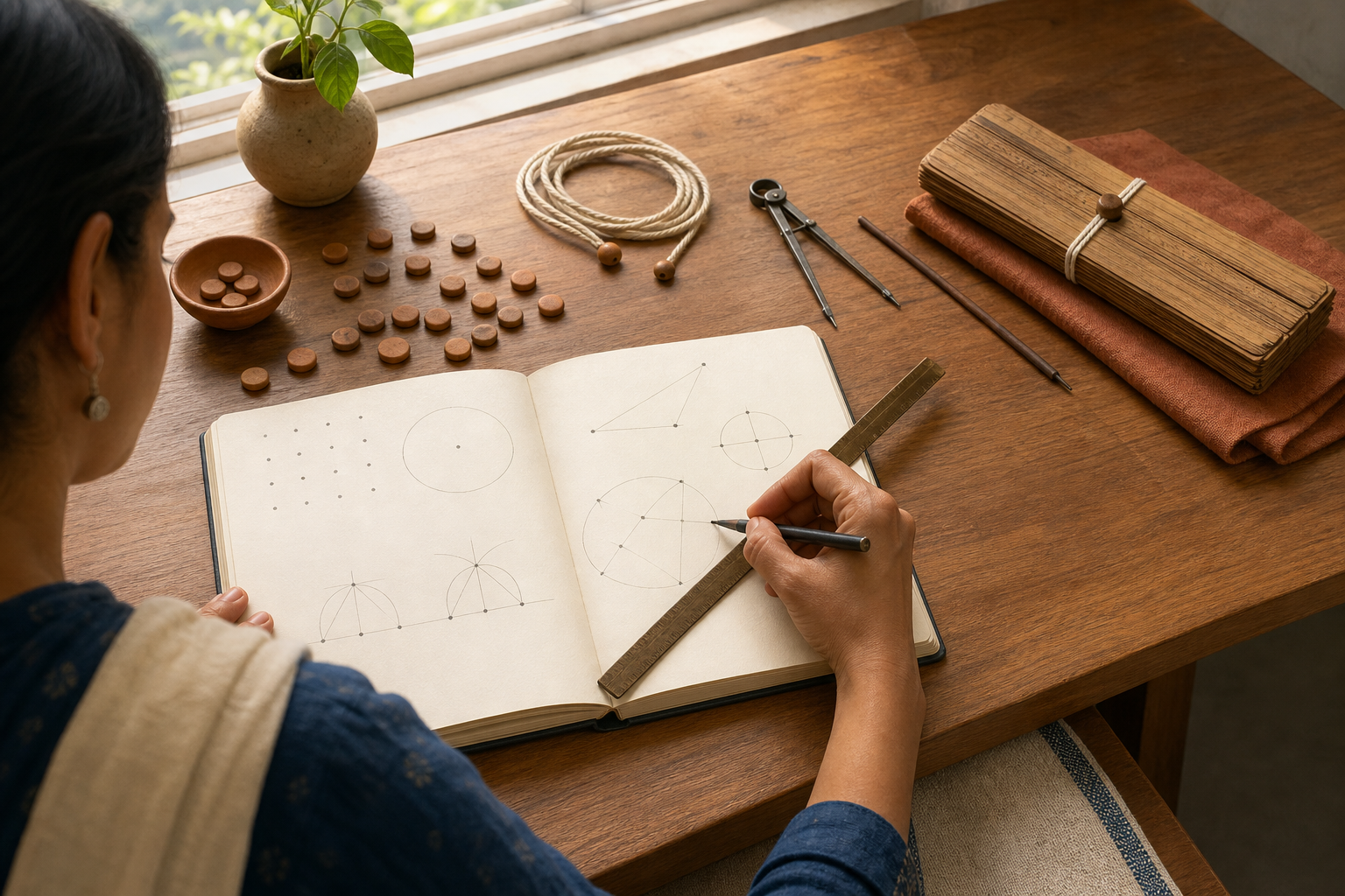 A contemporary reader uses counters, a compass, cord, and straightedge beside an open notebook containing unlabeled geometric lines and circles.
