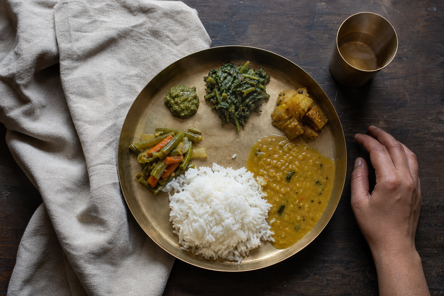 An overhead view of a modest brass plate with rice, lentils, cooked vegetables, greens, chutney, and warm water beside a relaxed hand.