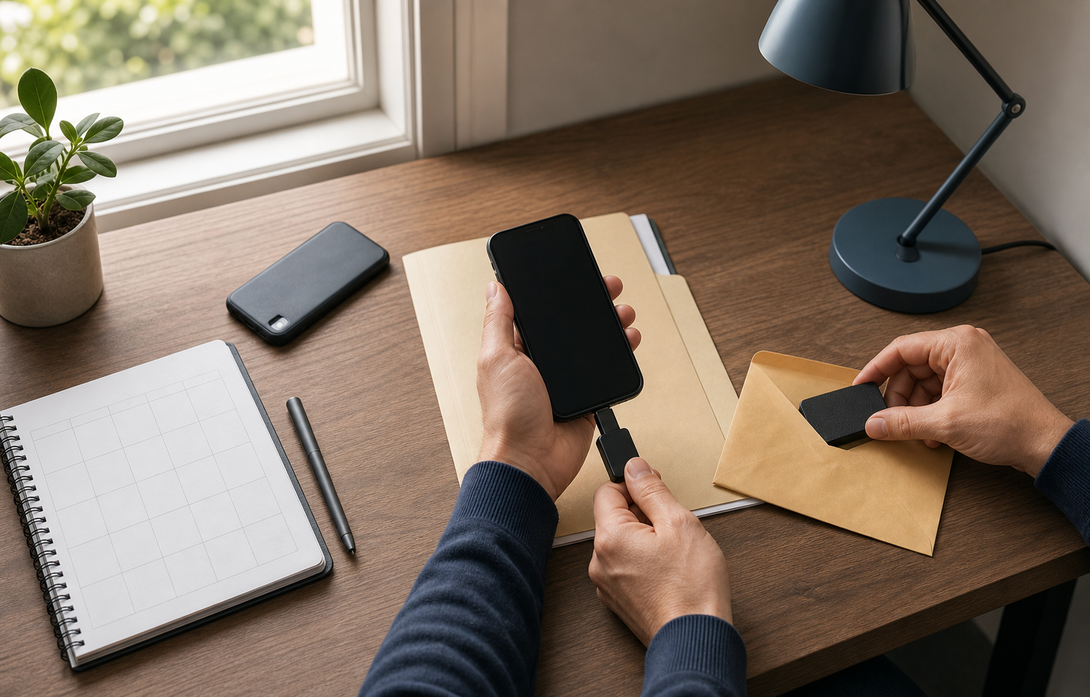 A person preserves digital material on a storage device and organizes it in an evidence envelope while a second phone lies face down.