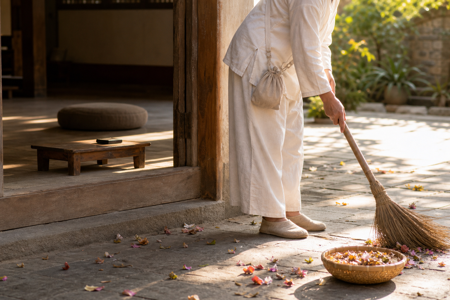 A practitioner leaves an audio player on a table and sweeps flower petals into a basket in a sunlit courtyard.