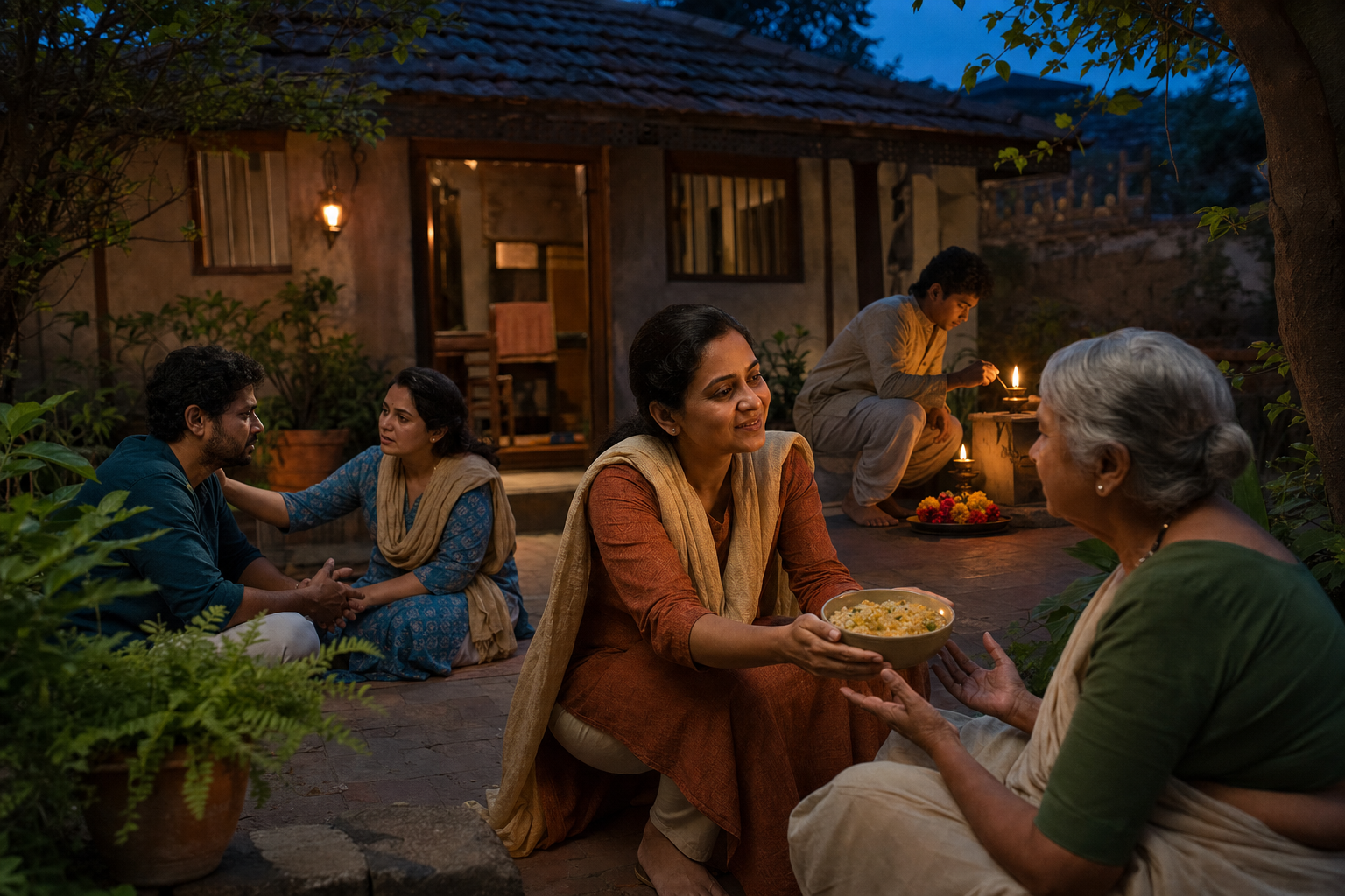 People share food, listen to one another, and tend a small devotional lamp in a home courtyard at dusk.