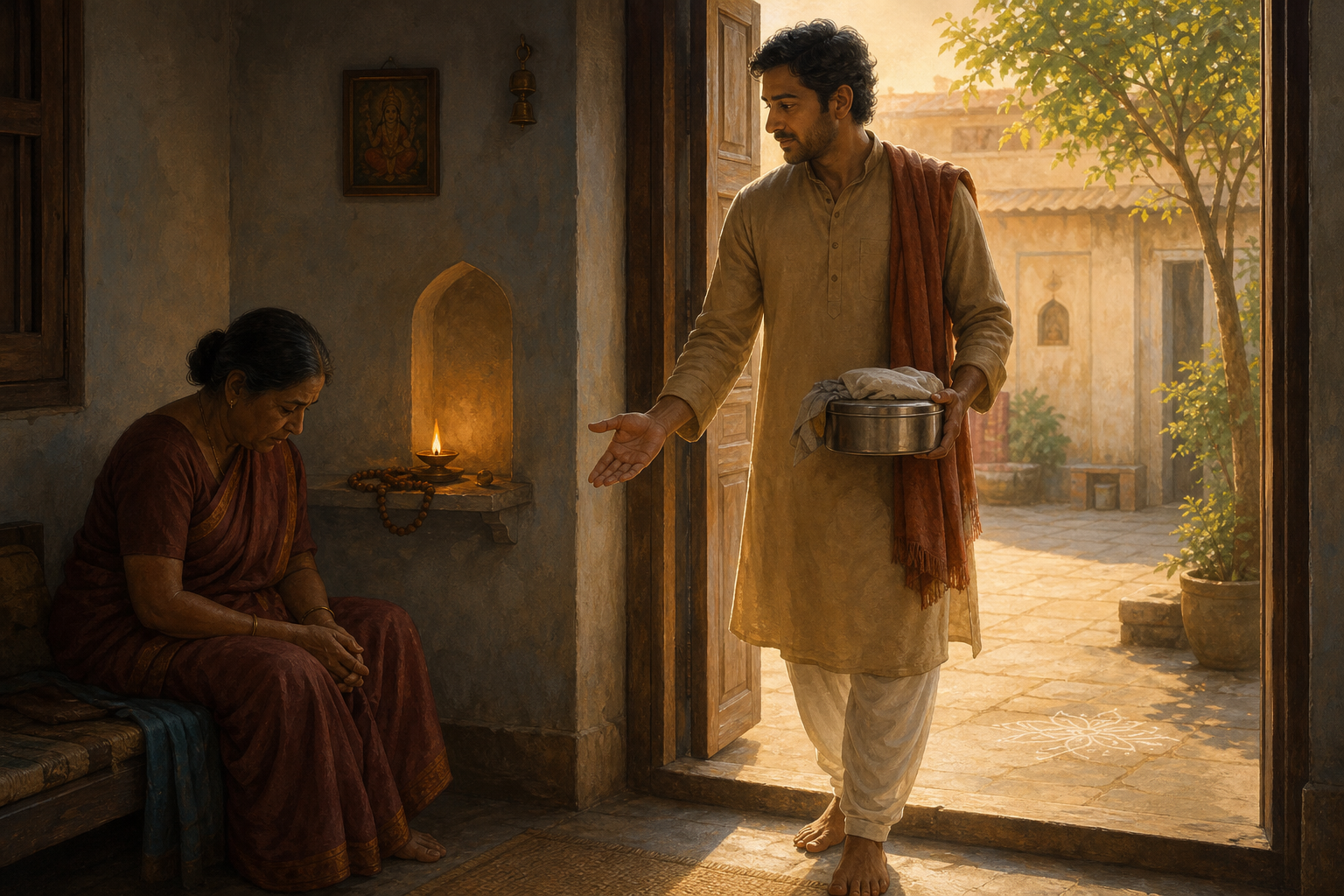 An adult sets prayer beads beside an oil lamp and carries a covered meal toward a sunlit courtyard while a seated family member remains inside.