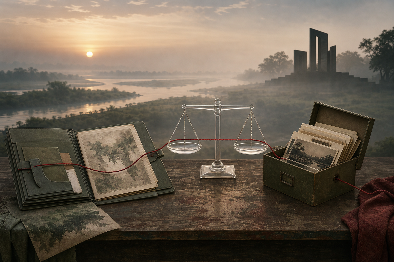An archival evidence box and diplomatic portfolio are linked across a table beside scales, with a misty river delta and memorial form in the distance.