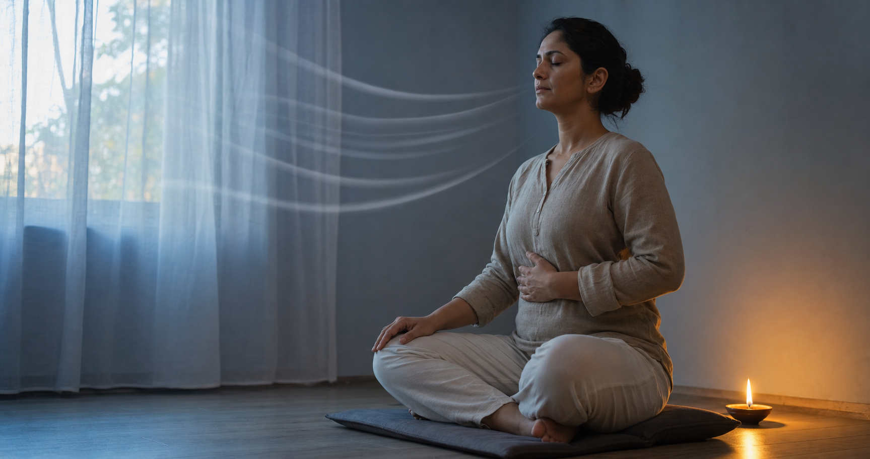 A relaxed adult practices gentle seated breathing beside a small oil lamp with a steady flame in a softly lit room.