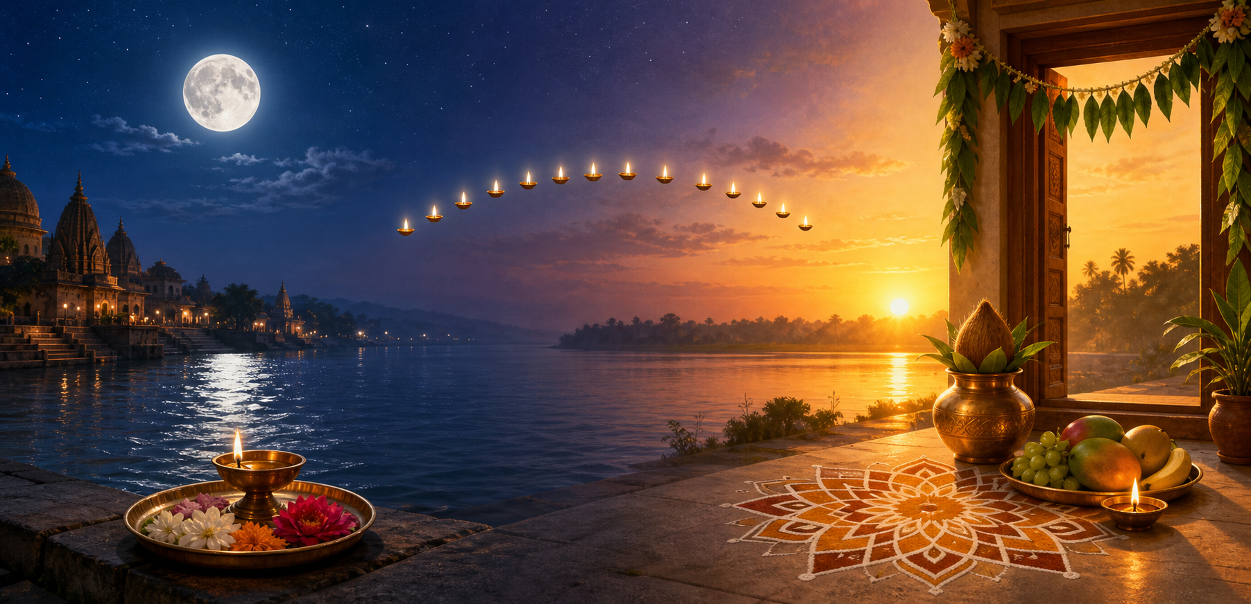 A full moon over a riverside ghat transitions into a sunlit Hindu New Year threshold, connected by thirteen small lamps.