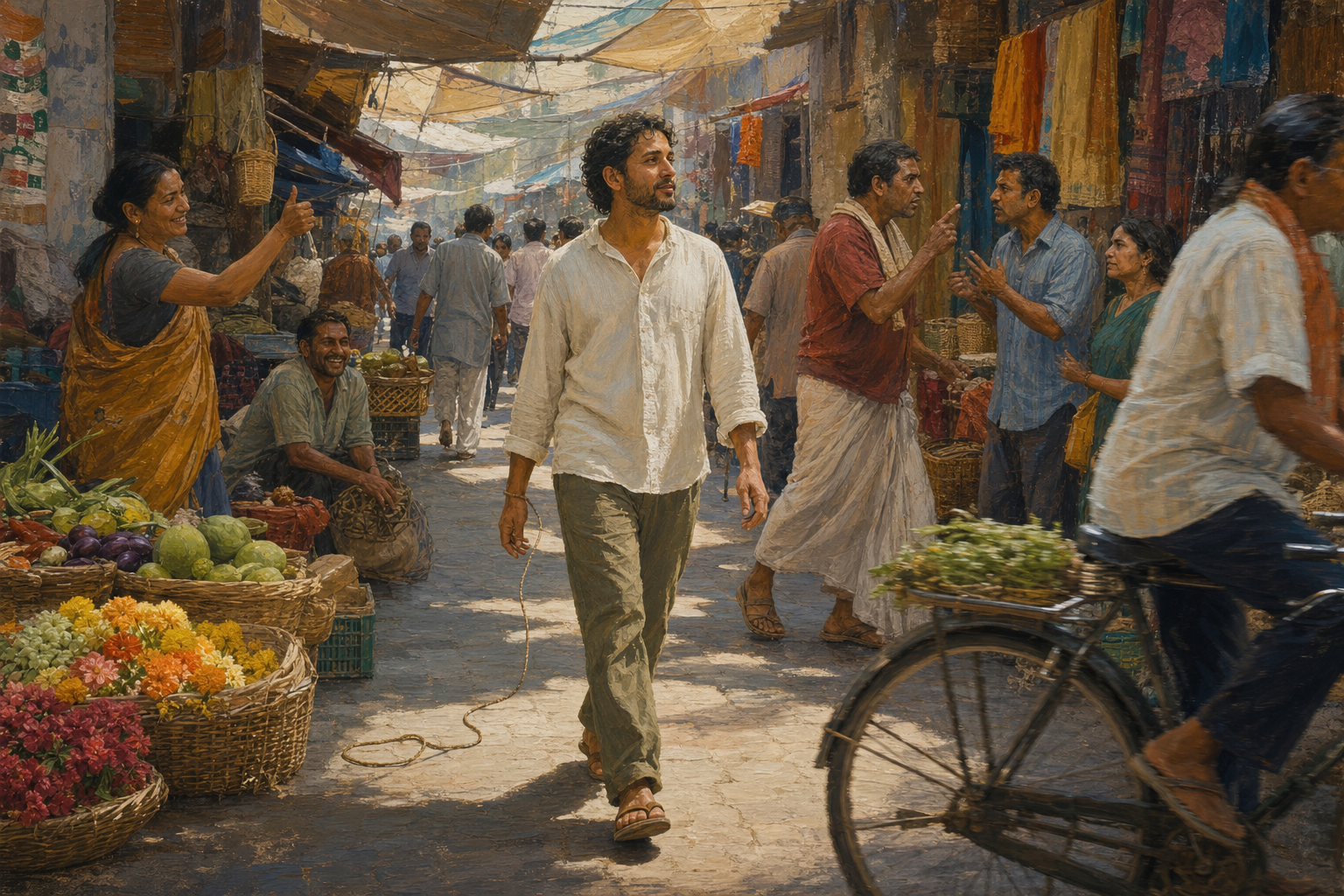 A calm person with open hands walks through a busy market as a loosened cord lies behind them.