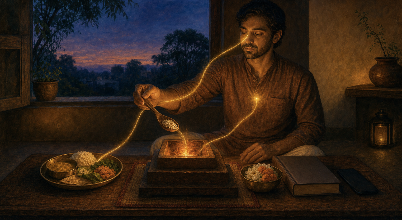 An adult in a quiet home offers a spoonful of grain toward a small contained hearth beside a meal, flowers, a closed book, and a face-down phone.
