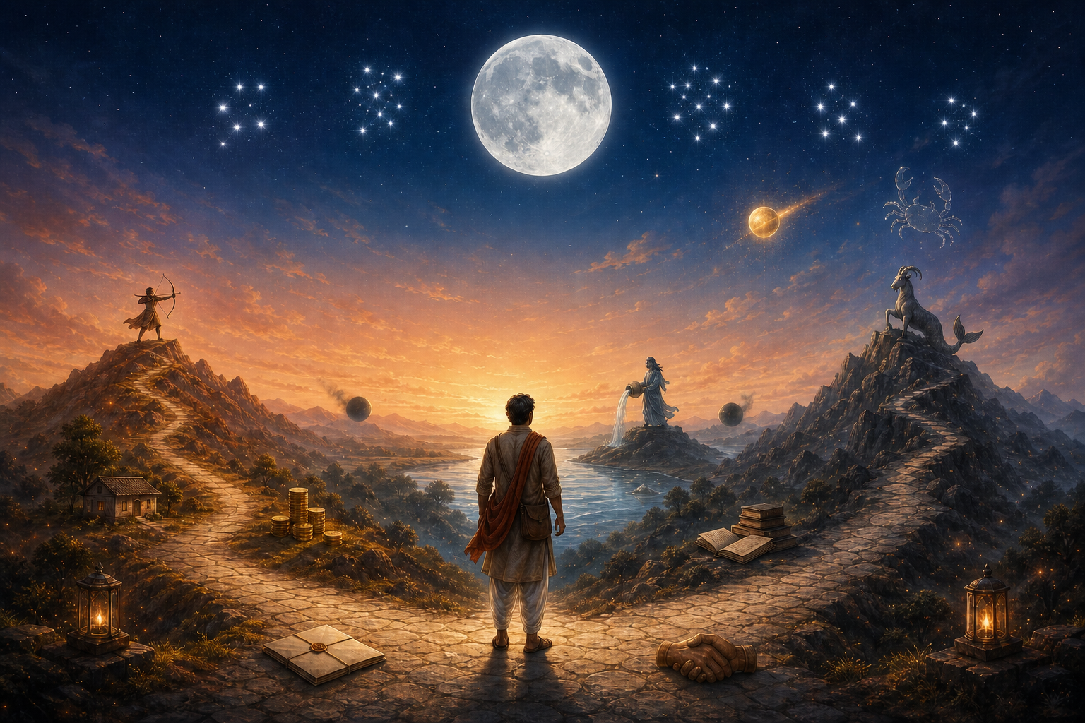A traveler stands at a three-way celestial crossroads beneath the Moon, with an archer, a sea-goat, and a water bearer visible along separate paths under five star clusters.