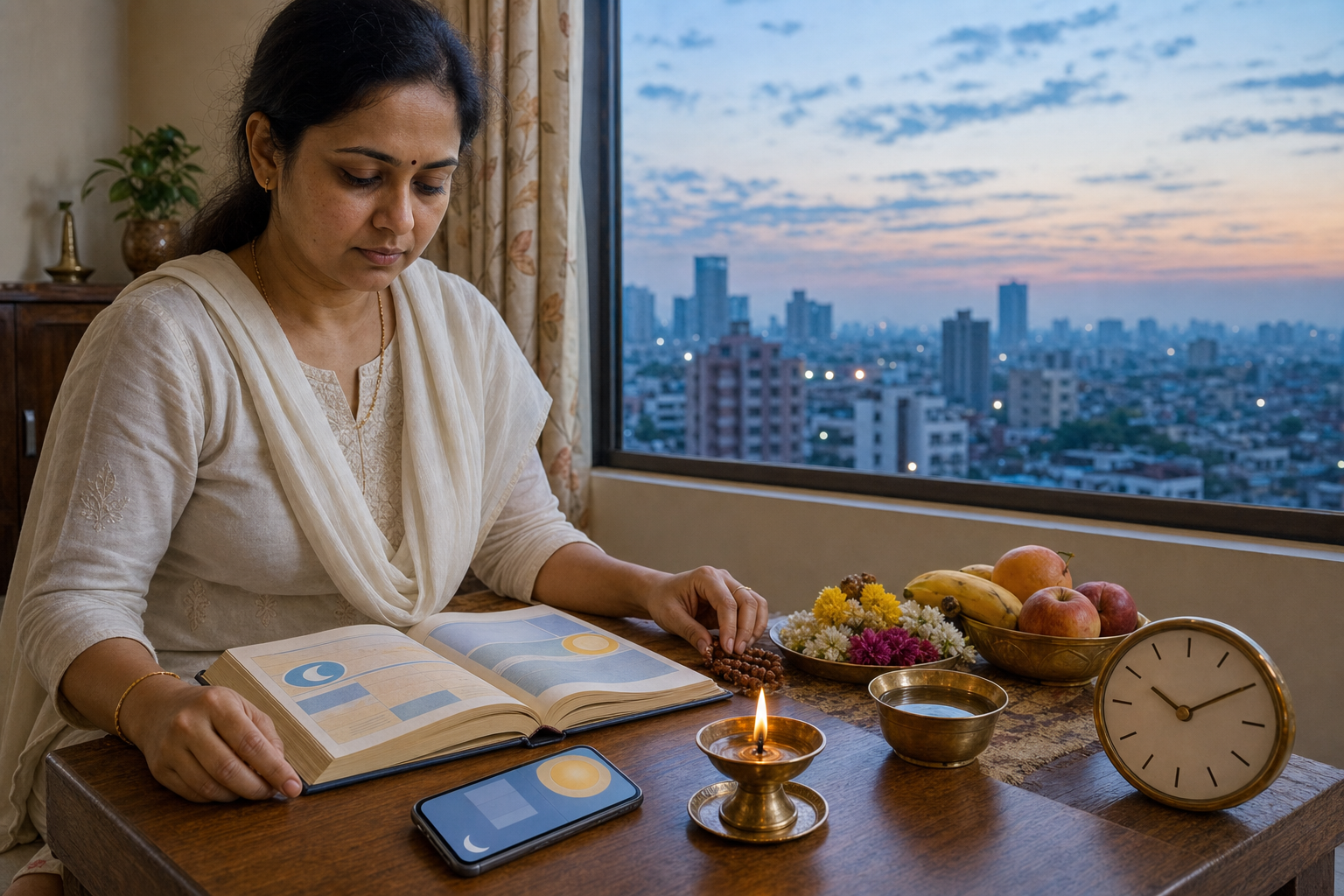 A devotee in a city apartment prepares a puja while consulting an almanac, a phone, and an analog clock before sunrise.