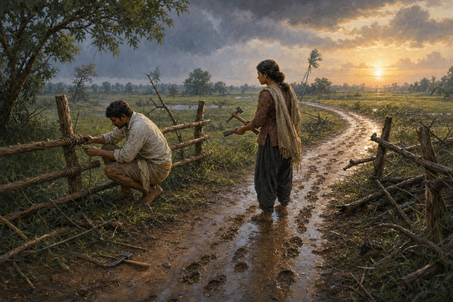 Two adults repair a storm-damaged fence beside a muddy footpath that turns toward the sunrise.