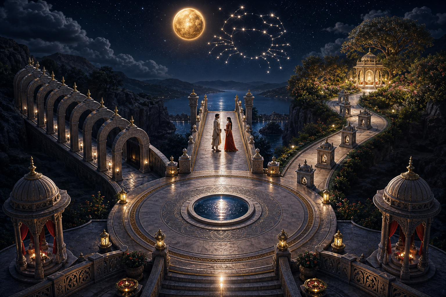 One moonlit courtyard divides into three passages: a descending arched route, a bridge between two people, and an obstacle-lined path leading to a garden.