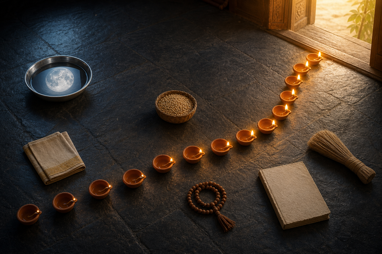 Thirteen clay lamps lead from a moonlit bowl toward a sunlit doorway, with objects for reflection, cleaning, prayer, and giving nearby.