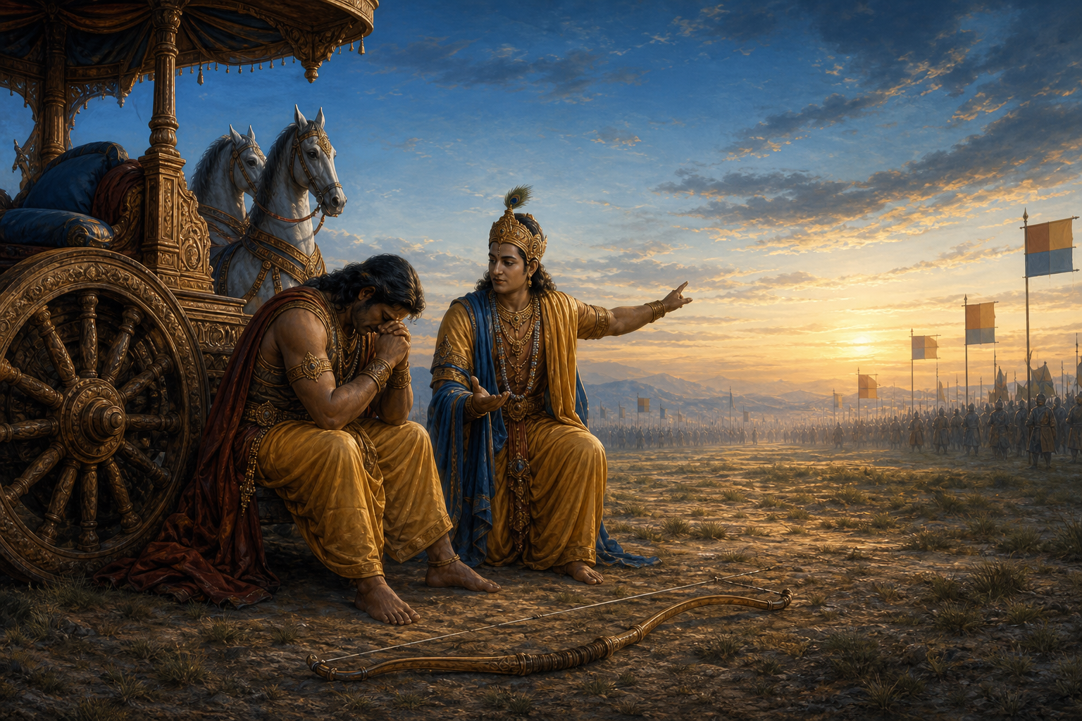 A grieving archer sits beside a wooden chariot as a calm charioteer gestures toward the open field at dawn.
