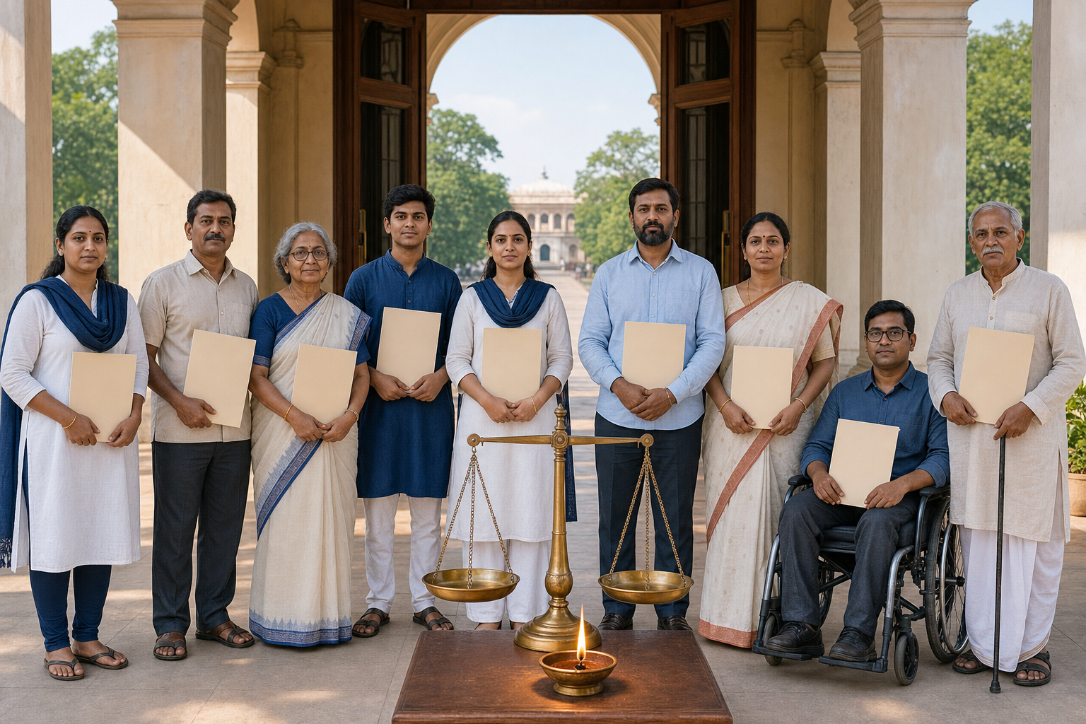 A varied group of Bengali citizens stands beside a balanced scale and oil lamp at an accessible public building.