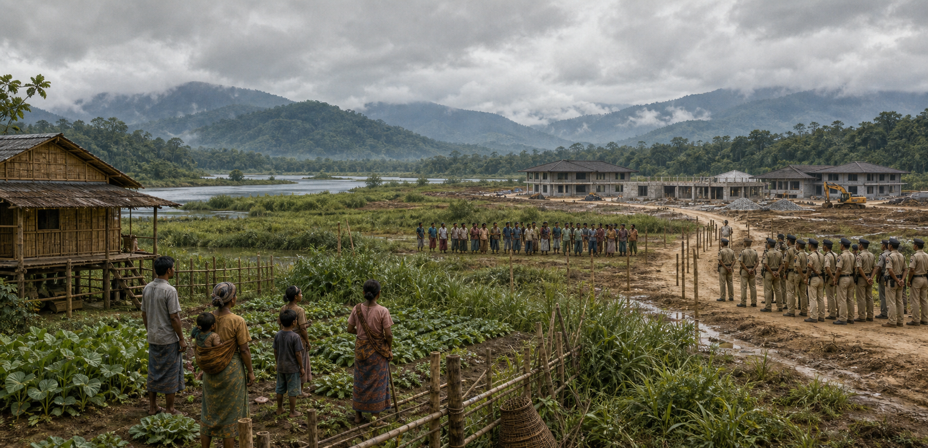 Farming families, a tourism construction site and a distant police line share a rural Assam floodplain landscape.