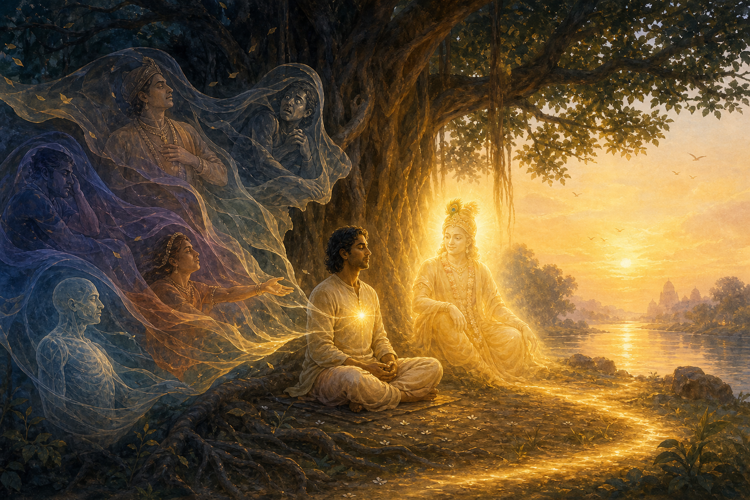 A seeker meditates beneath a riverside fig tree as translucent veils dissolve around the body and two warm lights suggest the self and an indwelling divine presence.