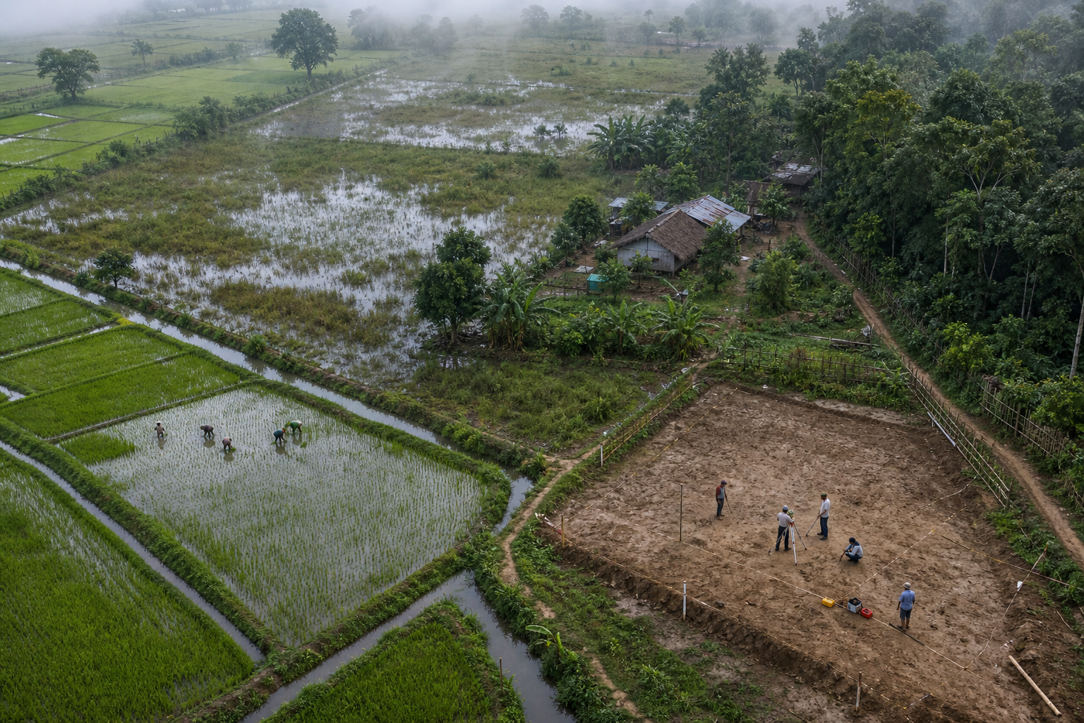 Aerial view of paddy fields, homesteads, grassland, forest edge and a surveyed construction parcel separated by visible boundaries in Assam.