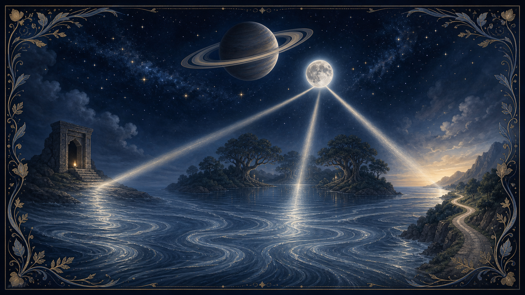 A ringed planet and luminous Moon above an ocean, with three paths of light leading to a flame-lit threshold, a forest lake, and a coastal road at dawn.