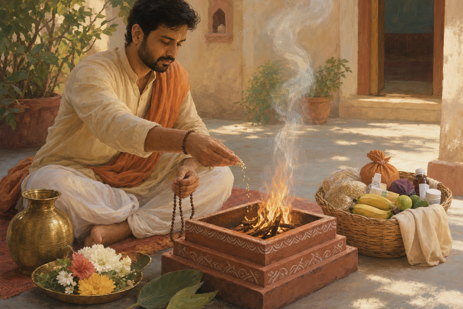 A seated devotee offers grain into a small ritual fire beside prayer beads, flowers, water, and a basket of supplies for service.