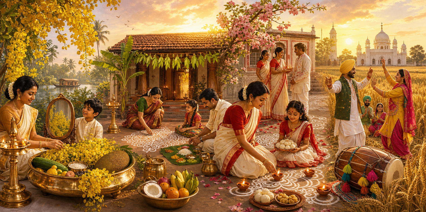 Four connected scenes show Kerala, Tamil, Bengali, and Punjabi families welcoming the solar New Year through distinct regional traditions.