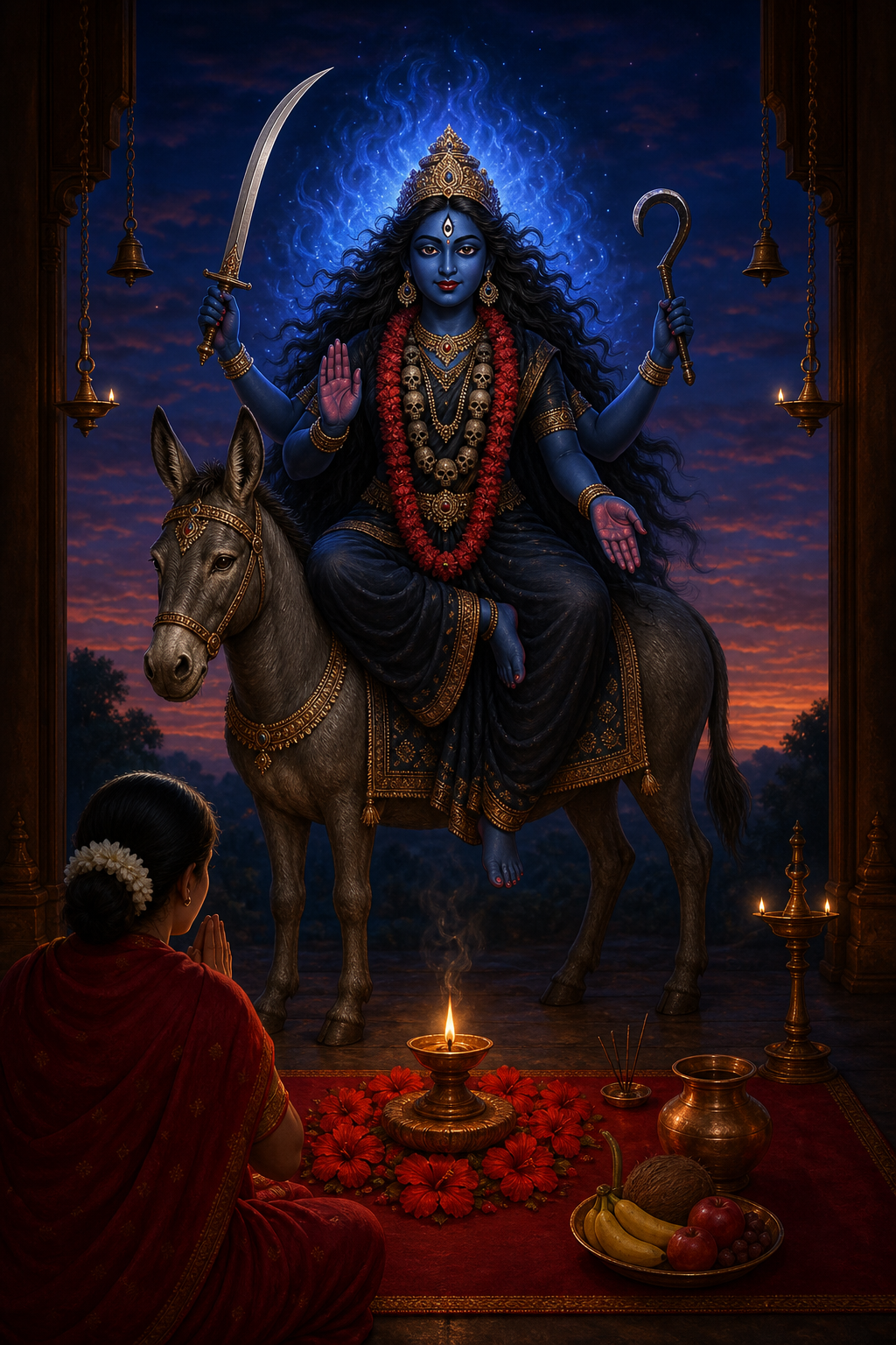 A devotee prays at a lamp-lit altar displaying Goddess Kalaratri on a donkey, surrounded by red flowers, fruit, incense, and a copper vessel.
