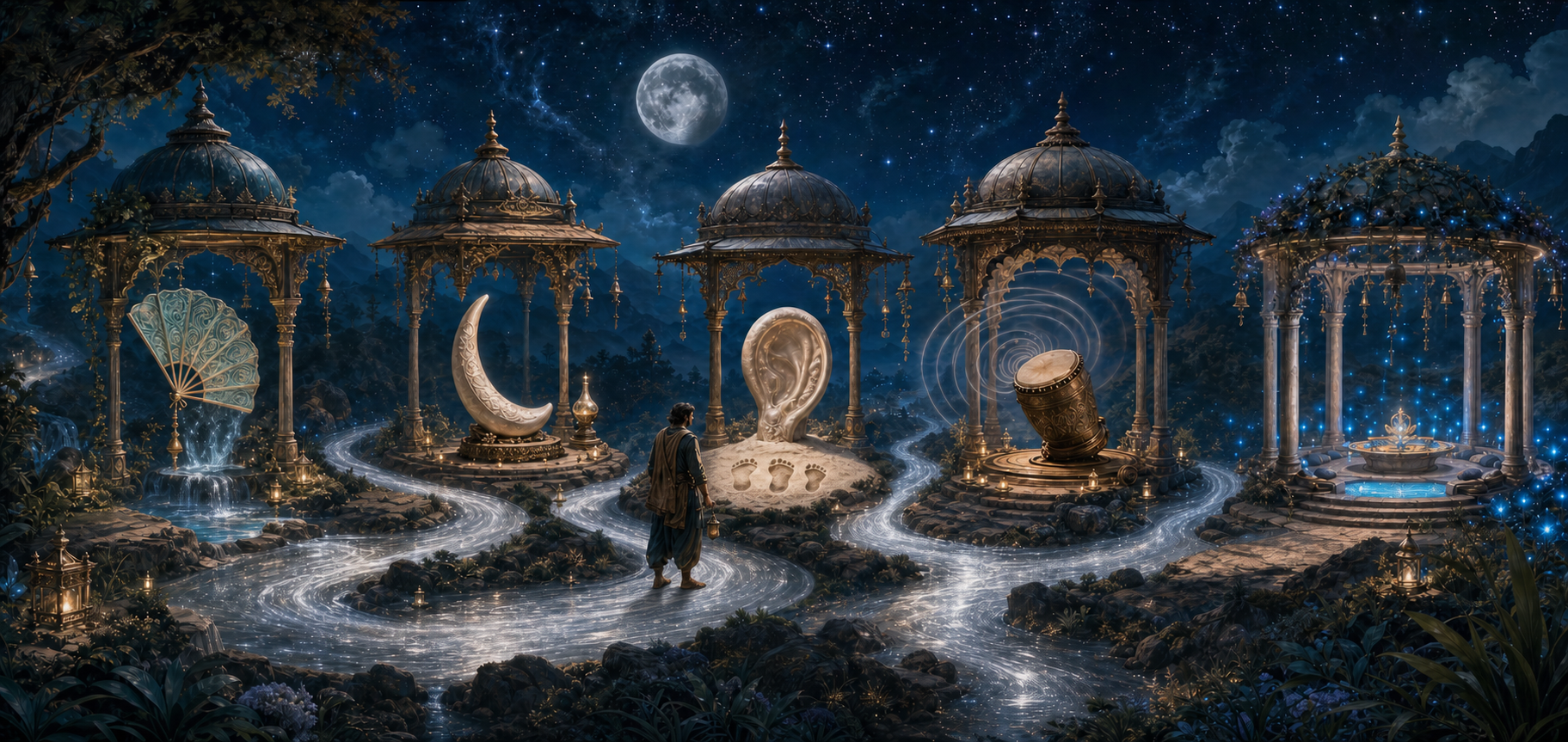 Five connected celestial pavilions contain a fan, a tusk-shaped sculpture, an ear-shaped shell with footprints, a bronze drum, and a circular healing sanctuary.