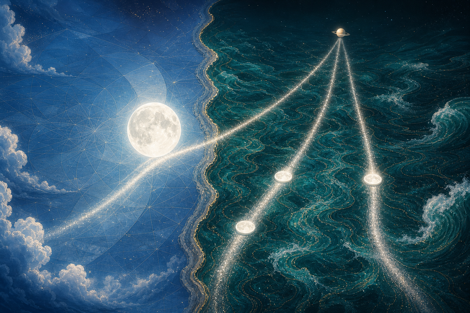 Three glowing paths beneath the Moon and a ringed planet, with one path crossing from an airy blue realm into a watery teal realm and two beginning in the water.