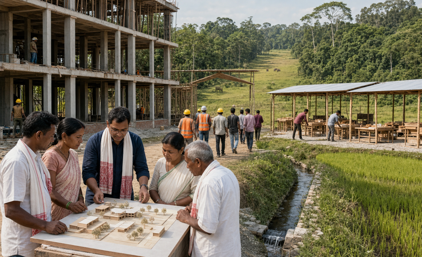 Residents and workers examine an unfinished tourism development beside farmland, drainage works, a local market space and a preserved green corridor.