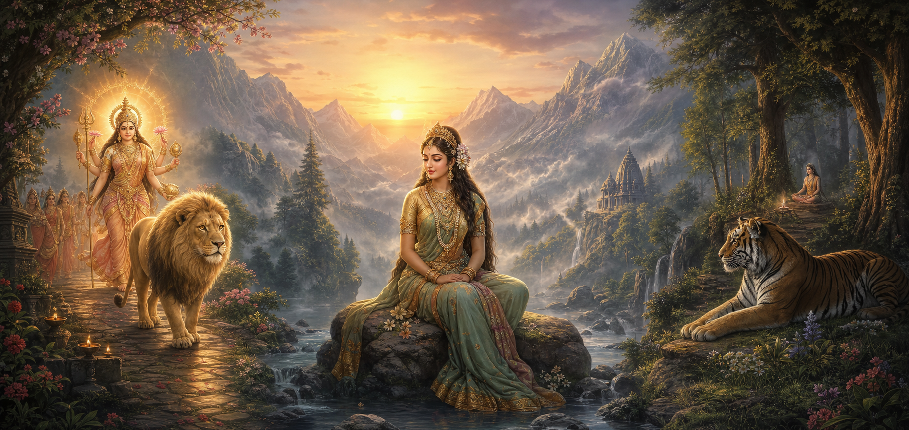 A panoramic sacred landscape places a lion beside a radiant goddess manifestation and a tiger at Parvati's secluded penance grove.