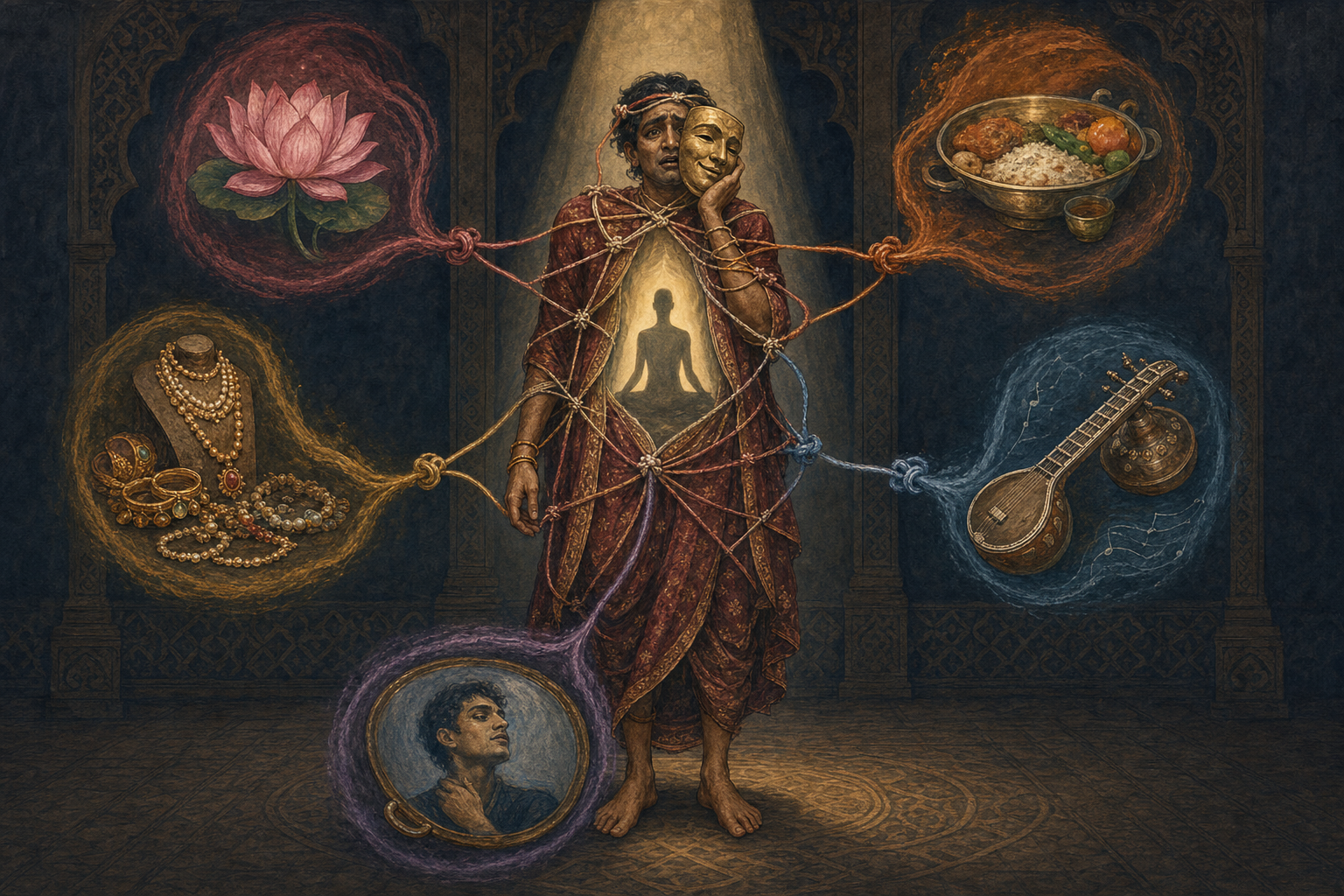A person stands inside layered body, status, fear, and pride forms while threads from sensory objects knot around the outer layers.