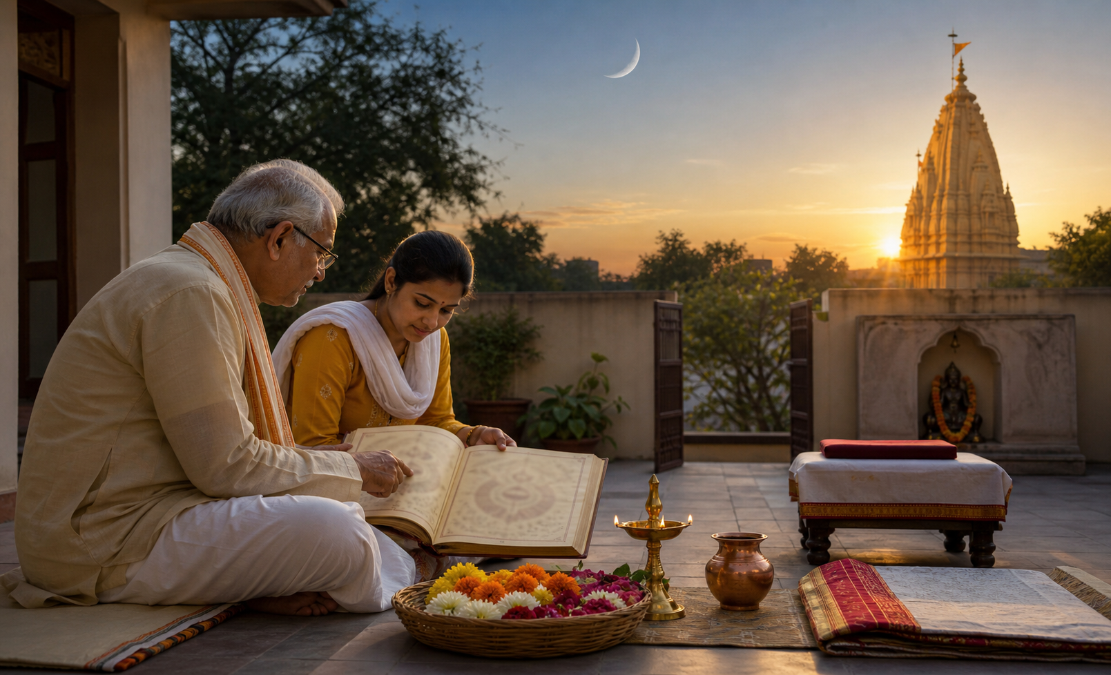 Two devotees consult an open lunar almanac in a courtyard before sunrise, with a moon, temple spire, lamp, flowers, and puja vessels nearby.