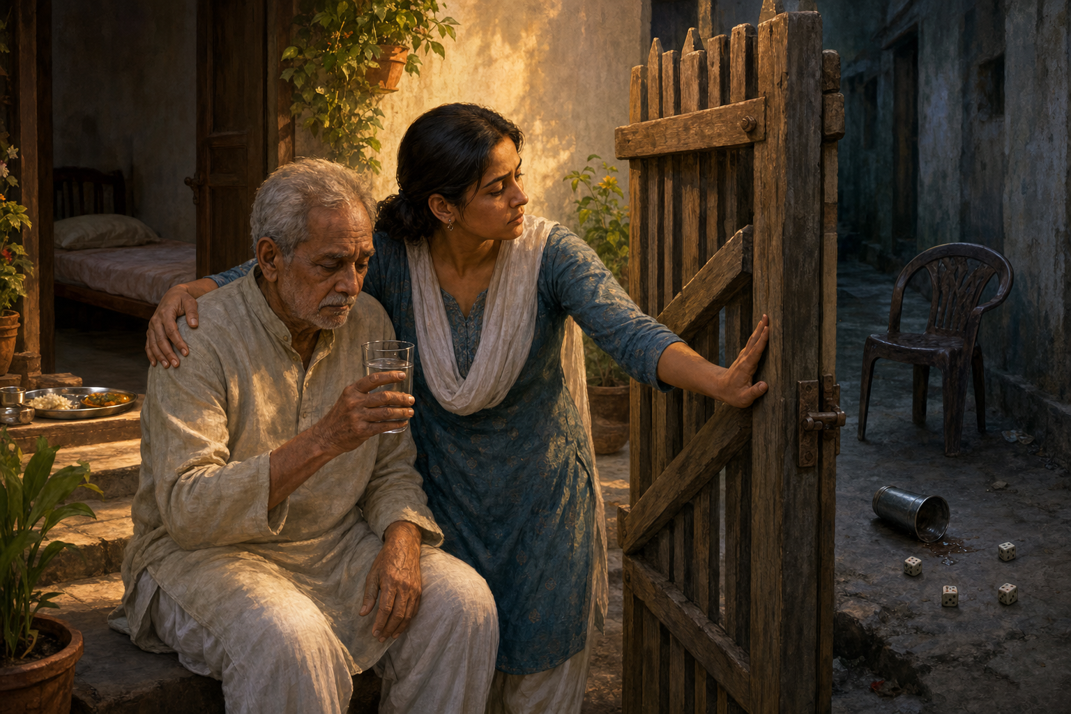 An adult daughter supports her elderly father and offers water while closing a courtyard gate leading to a lane with discarded dice and an overturned cup.
