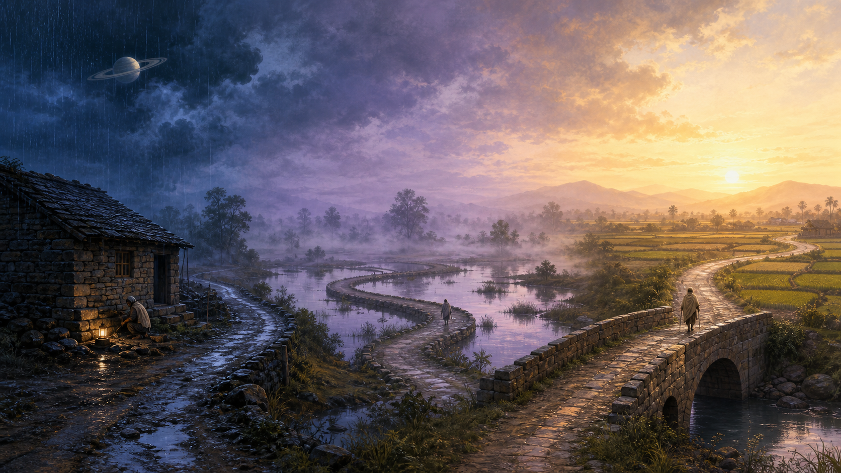 A small traveler moves through three connected landscapes: repairing a stone house in rain, retracing a foggy marsh road, and crossing a firm bridge in clear morning light.
