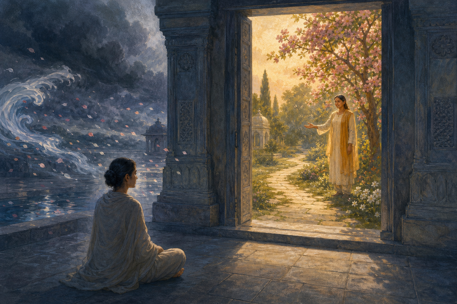 A calm observer watches a storm from inside a doorway while a luminous companion waits on a warm garden path beyond it.