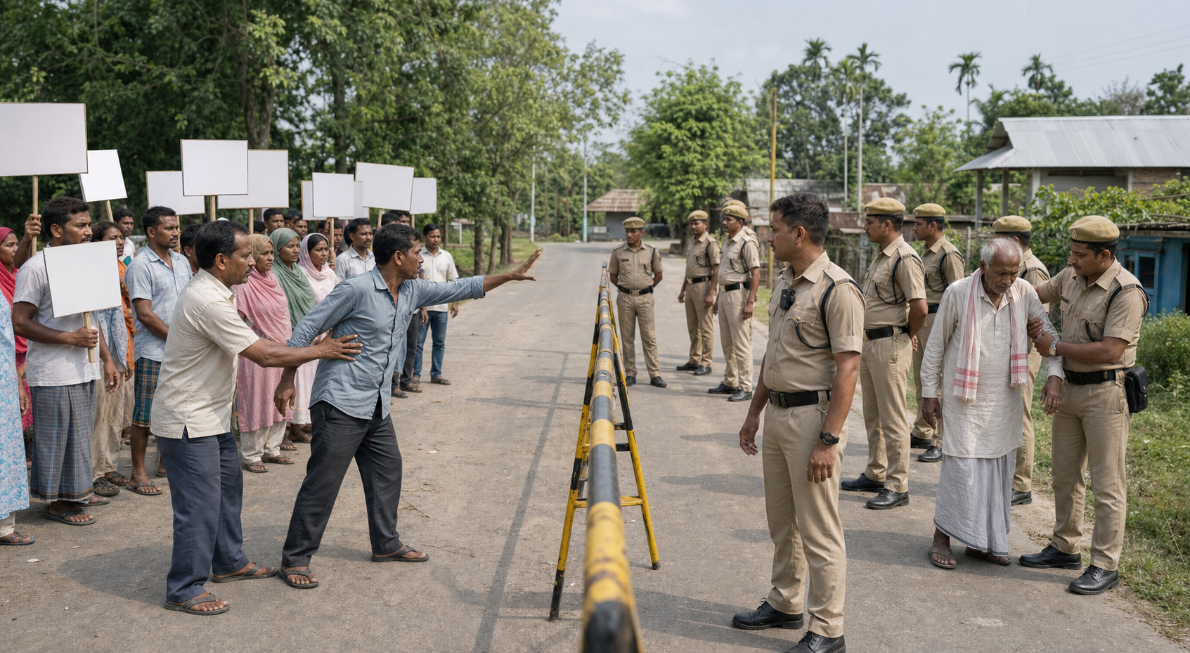 Villagers and police face one another across an open space while one individual is restrained near a temporary roadside barrier.