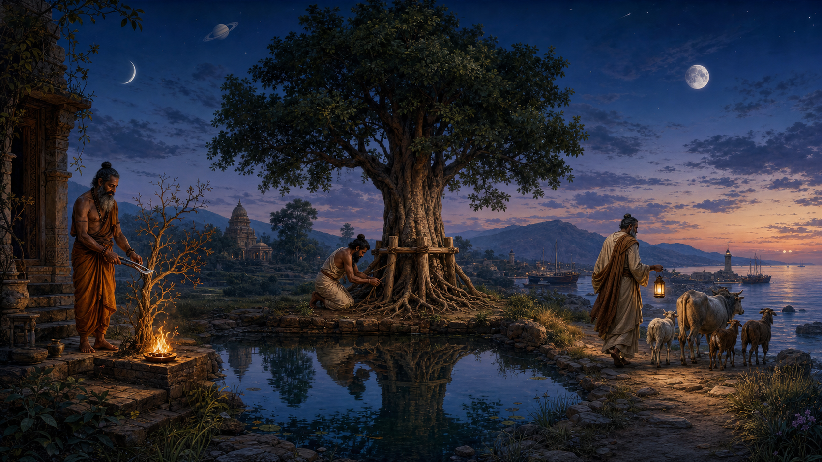 Three joined scenes show a figure pruning branches beside a flame, a householder supporting a tree by a deep pool, and a lantern-bearing guide leading animals toward a harbor.