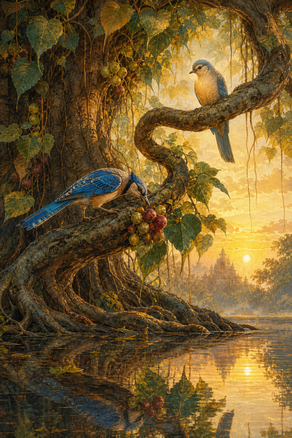 Two birds sit in the same fig tree, one reaching toward fruit and the other watching serenely from a nearby radiant branch.