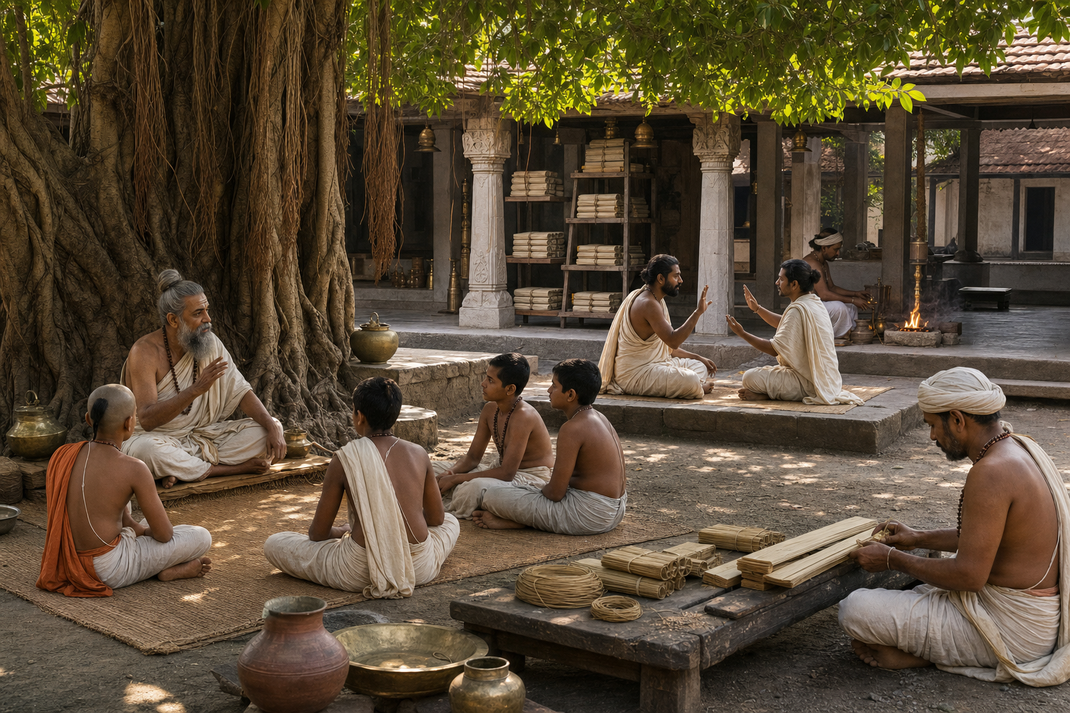 A teacher, students, debaters, a ritual attendant, and a folio maker work together in a shaded courtyard beneath a banyan tree.