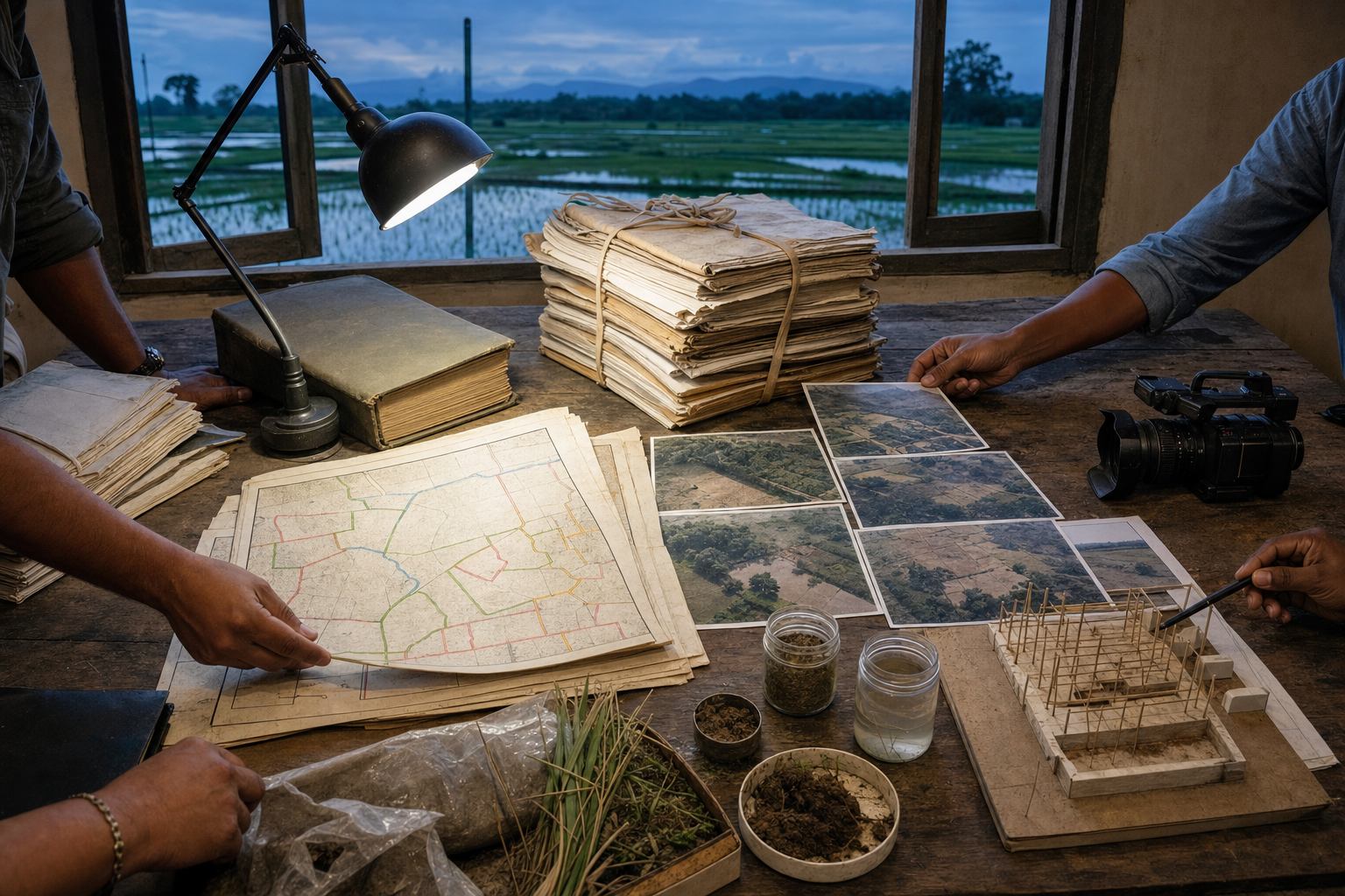 Hands compare parcel drawings, land records, aerial images, field samples, video evidence and a construction model on a table.