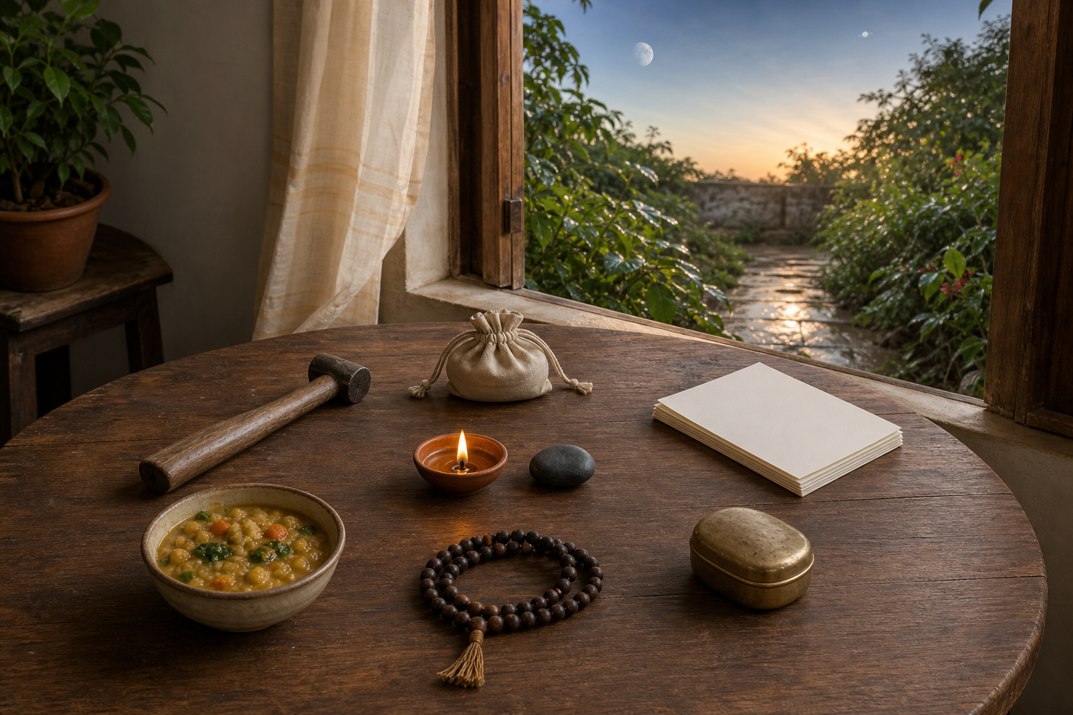 A dawn-lit desk displays a work tool, coin pouch, blank study pages, food bowl, family keepsake, and meditation beads arranged around a small lamp and dark stone.