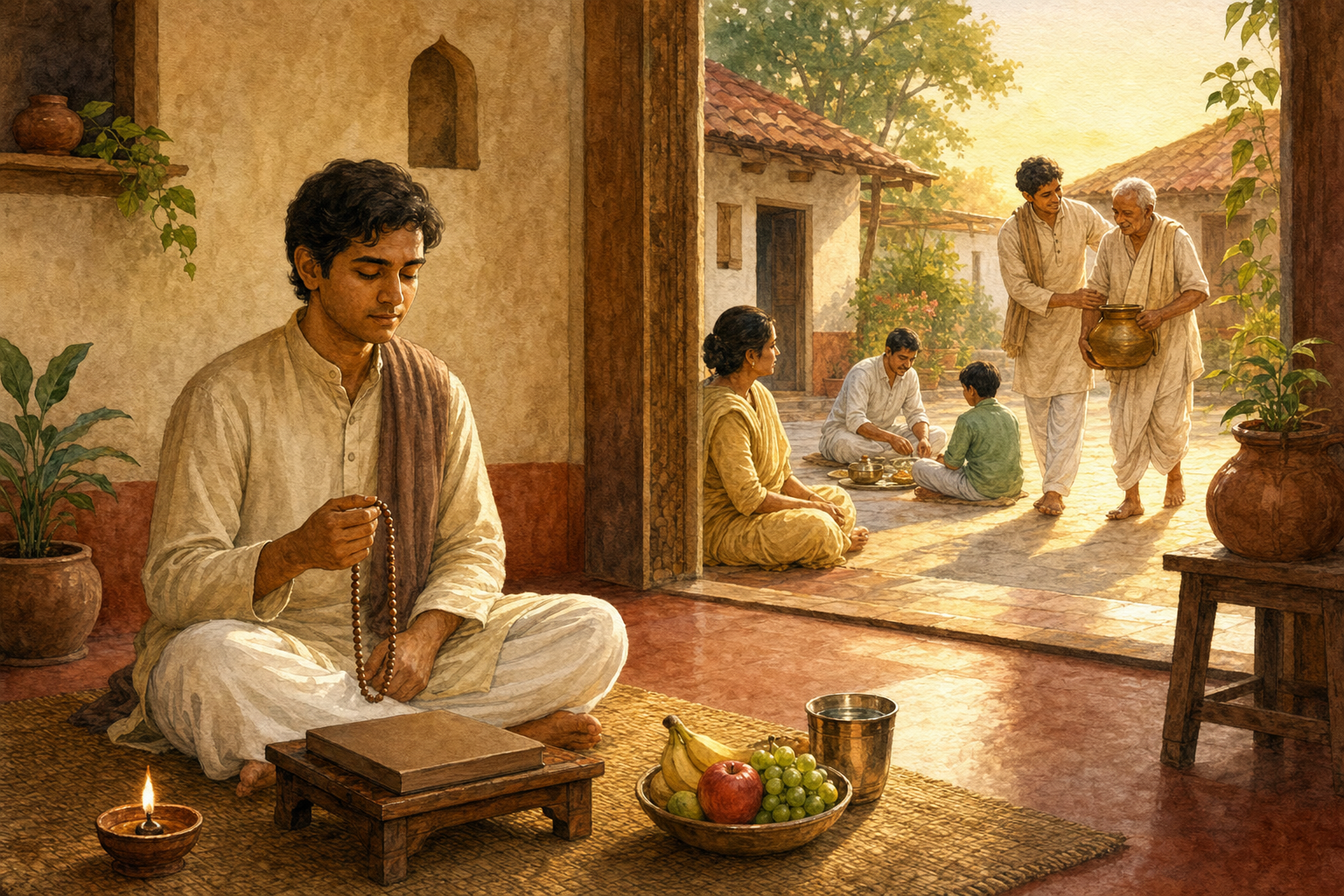 A practitioner uses prayer beads at dawn while an offering, attentive listening, a shared meal, and service to an elderly neighbor unfold nearby.