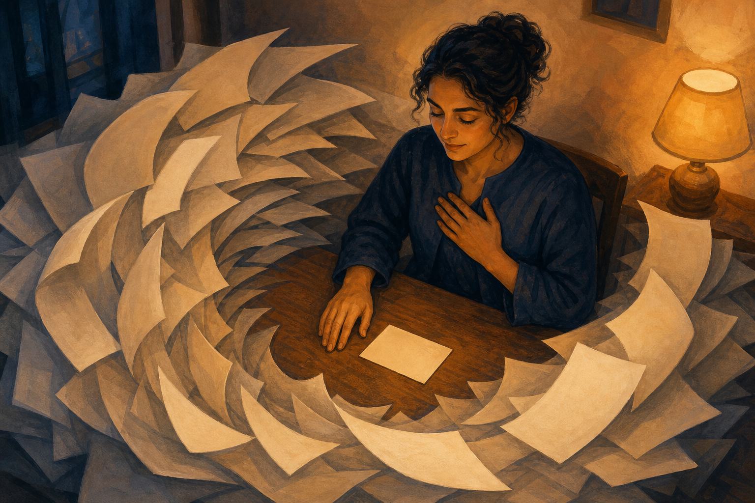 An adult at a desk sits among spiraling blank pages with one small blank message card placed clearly in front of them.