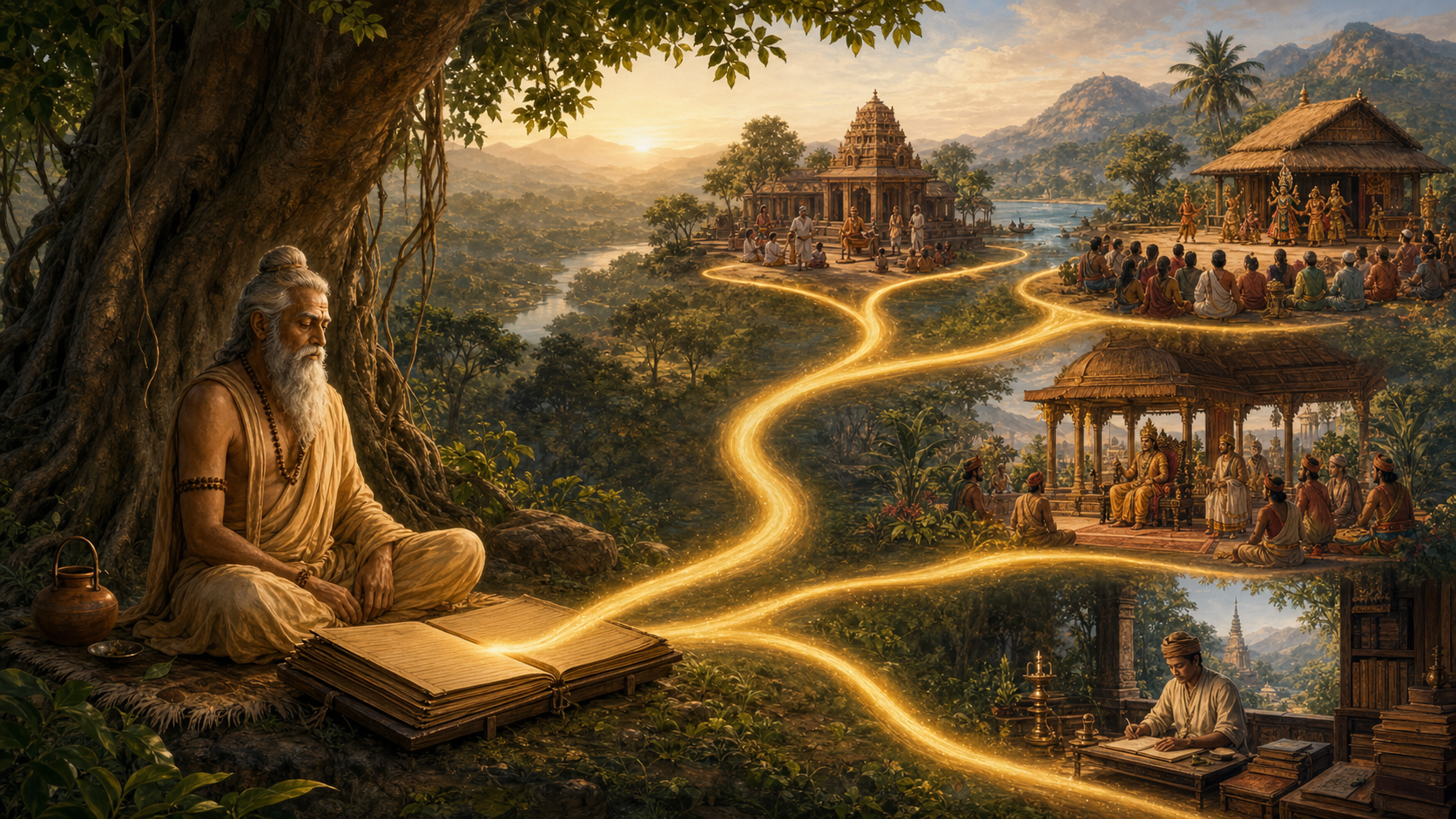 An ancient Indian sage sits beside an open palm-leaf manuscript beneath a tree as one golden path branches toward several distant storytelling settings.
