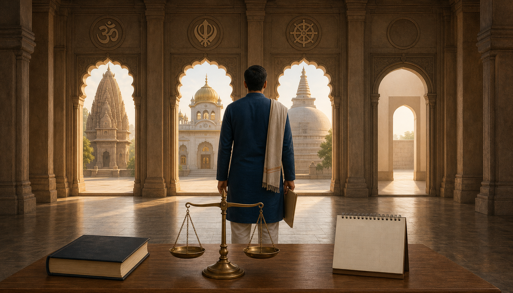 An adult holding a certificate folder stands in a stone corridor facing scales, an unmarked law book, a calendar, and several symbolic doorways.
