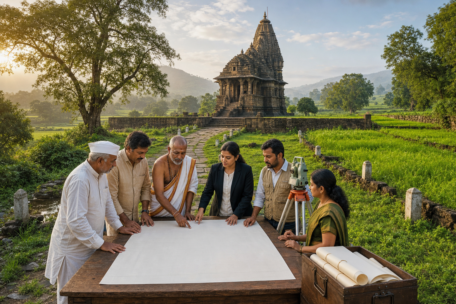 Temple trustees, an archaka, a legal adviser, and a surveyor examine an unmarked parcel map beside a historic Maharashtra temple and its surrounding farmland.
