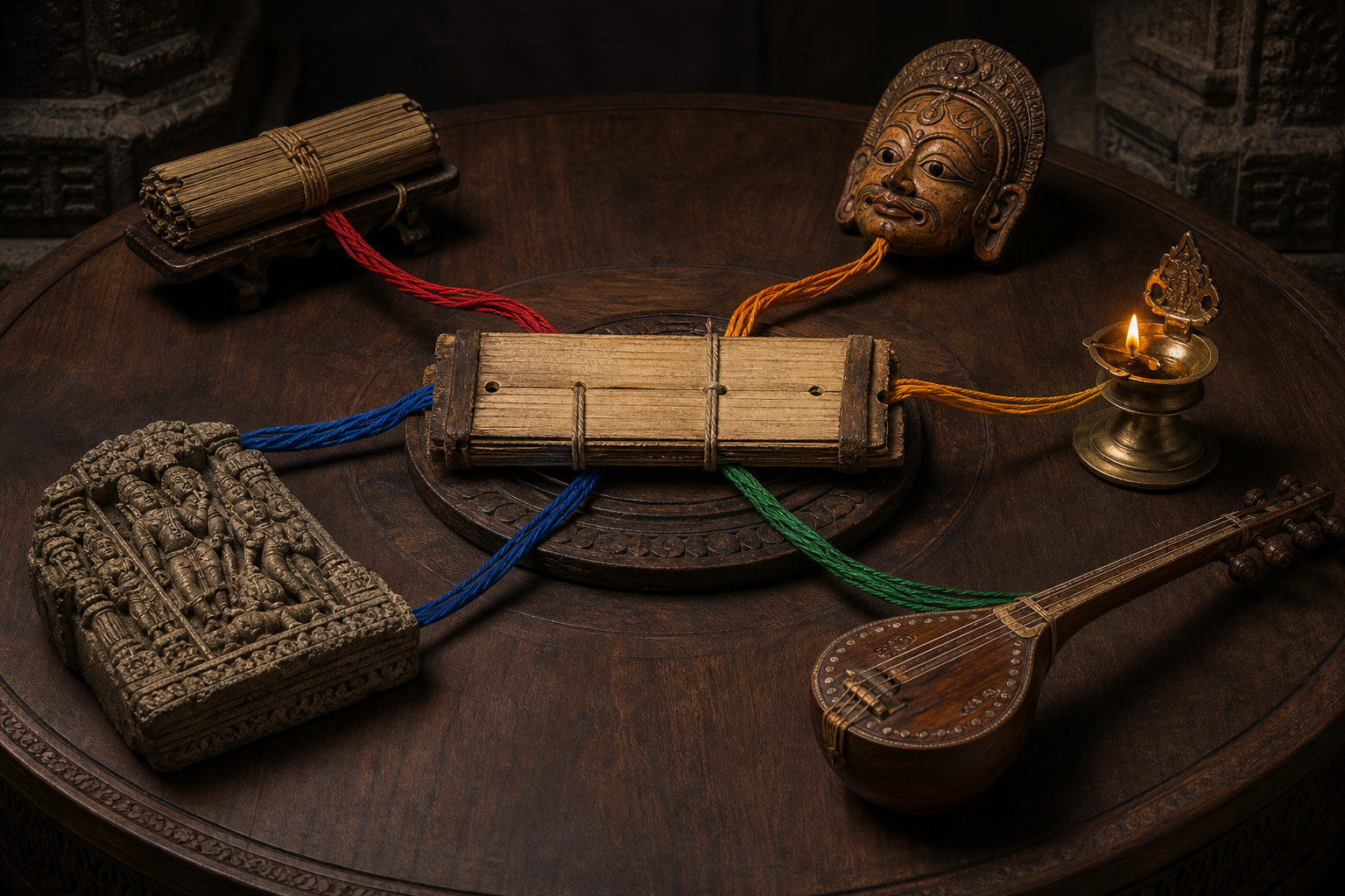 A central palm-leaf manuscript is linked by colored silk threads to regional manuscripts, a mask, a lamp, an instrument, and a carved relief.