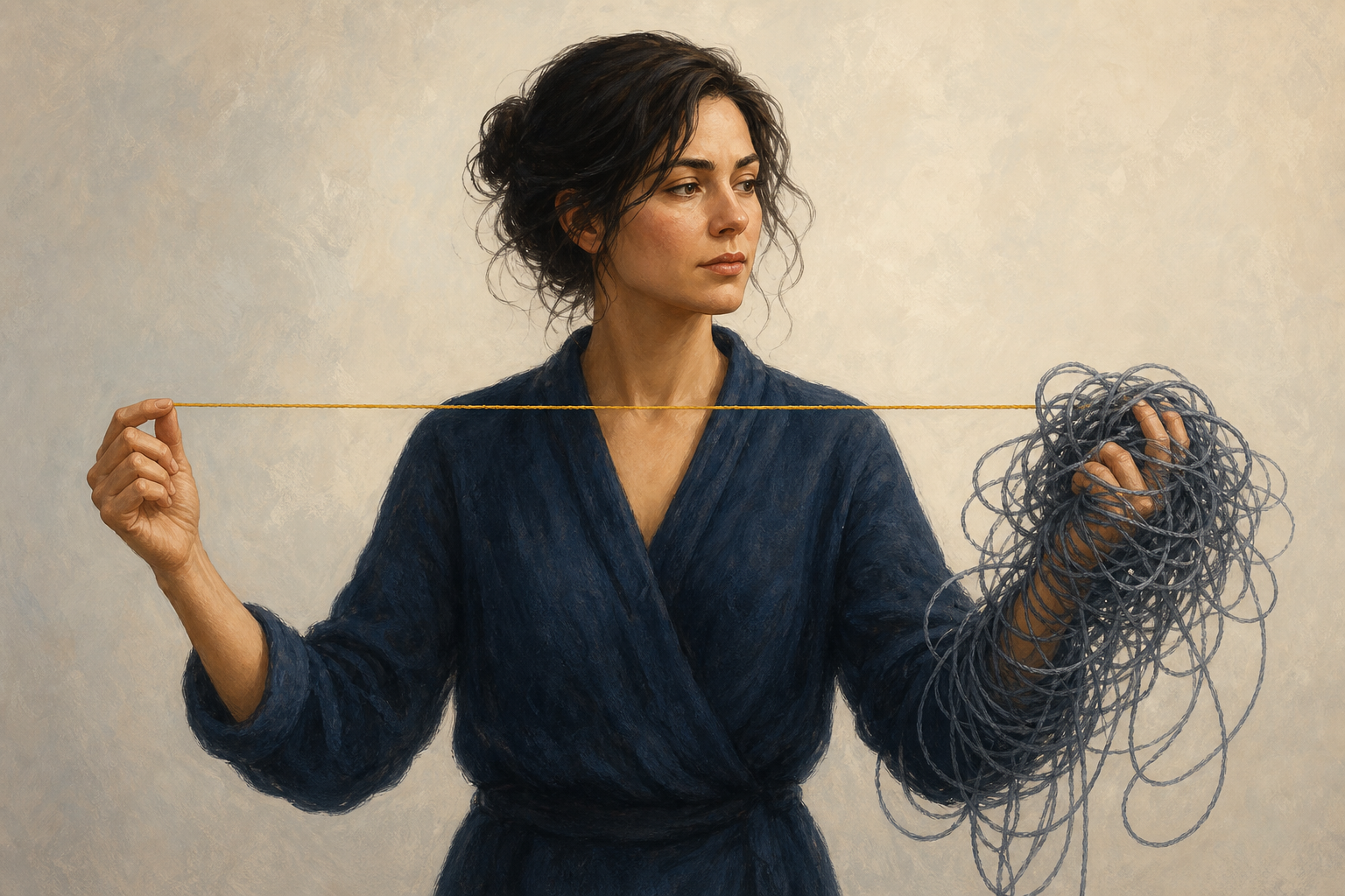 A person holds one straight golden thread beside a tangled bundle of gray-blue threads.