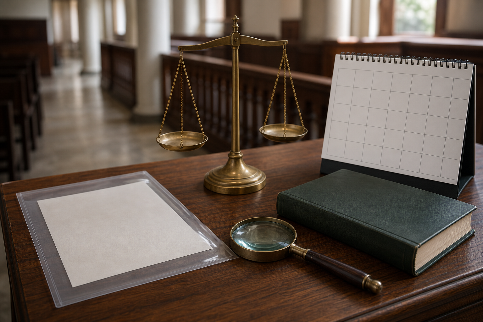 A document in a clear sleeve sits beside scales, a magnifying glass, an unmarked law book, and a blank calendar on a wooden desk.